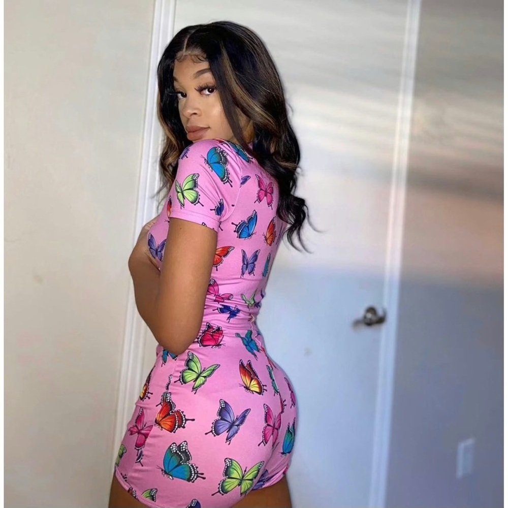 Colorful Butterfly Print Pink Romper